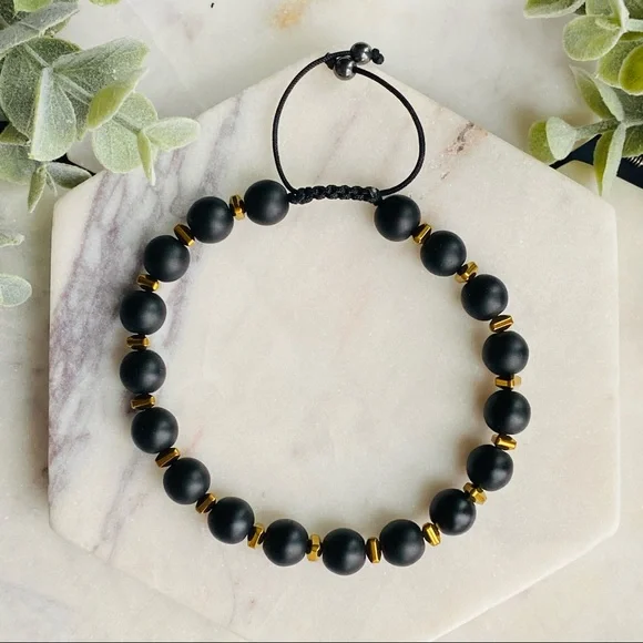 Men Matte Onyx Bracelet 8mm round beads Adjustable Cord Macrame - Picture 4 of 5